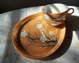Vintage Cherry Blossom Peach Lusterware Tea Cup Snack Sets, Made in Japan
