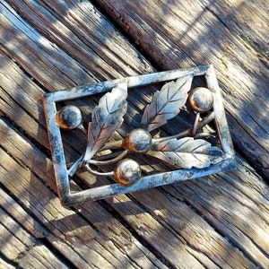 Vintage Sterling Silver Berry and Leaves Rectangular Brooch Cottagecore Jewelry