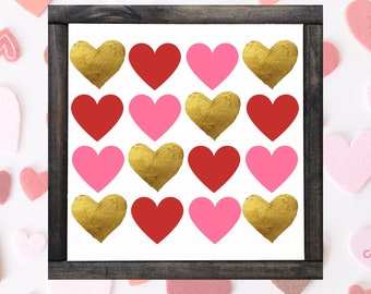 Hearts Wooden Frame, Gold Red & Pink Hearts, 8 inch Heart Printed, Valentine's Day, Heart Decor, Wooden Heart Decor