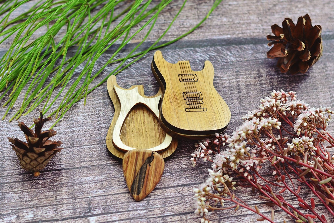 Personalized Oak Wood Electric Guitar Pick With Holder Box Etsy