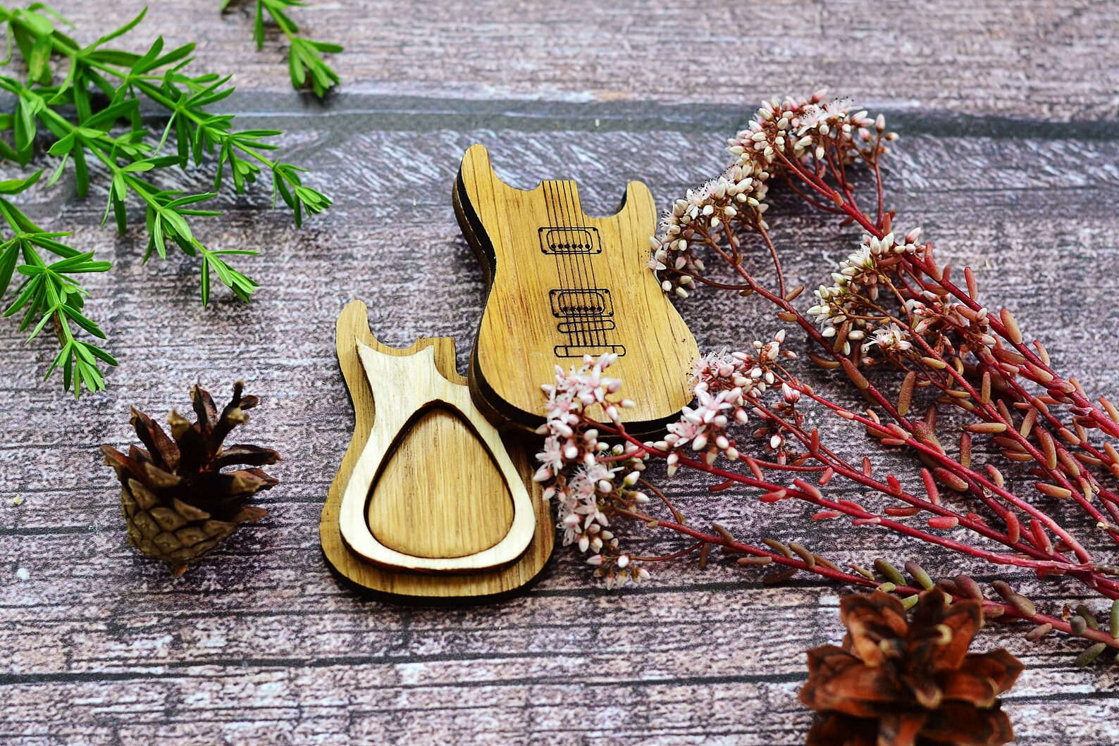 Personalized Oak Wood Electric Guitar Pick With Holder Box Etsy