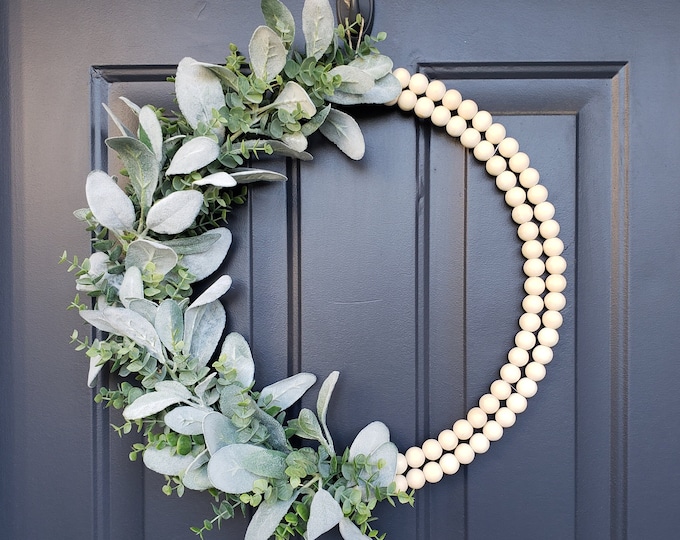 Year Round Front Door Double Wreath/lambs Ear Wreath/wood Bead Wreath ...