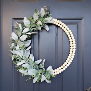 Year Round Front Door Double Wreath/Lambs Ear Wreath/Wood Bead Wreath/Wood Bead Hoop Wreath/Door Wreath/Year Round Wreath/House Warming Gift