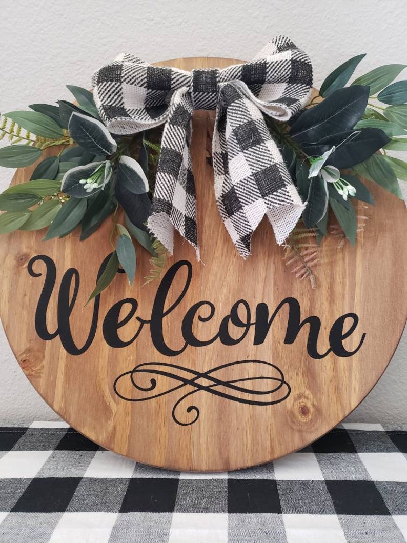18 Welcome Wreath/ Round Wood Sign with Floral/Floral | Etsy