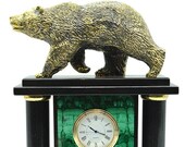 Mantel clock (Fireplace clock) of stone Malachite and Dolerite with bronze figurine bear