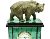 Mantel clock (Fireplace clock) of stone Malachite and Dolerite with bronze figurine bear