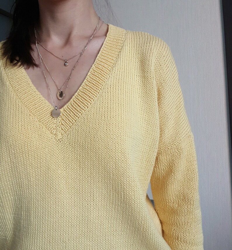 Soft yellow cotton summer women sweater with deep V neckline Etsy
