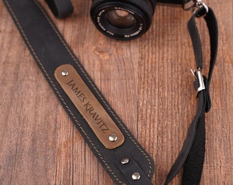 Personalized Leather Camera Strap in Black Saddle Leather, Personalized Gift for Photographers