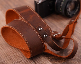 Leather Camera Strap Personalized Russet Brown Engraved DSLR Neck Strap, Custom Photo Camera Holder for Photographers