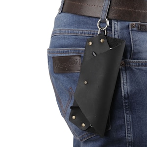 Portaocchiali in pelle personalizzato in nero con chiusura a bottone, portaocchiali da sole in pelle appeso personalizzato per papà
