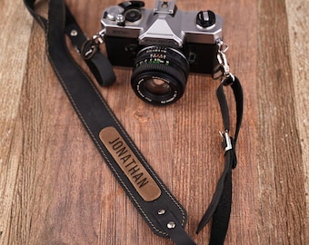 Black Leather Camera Strap Personalized Custom Engraving Adjustable Professional Photography Gift Handmade Strap for Photographers