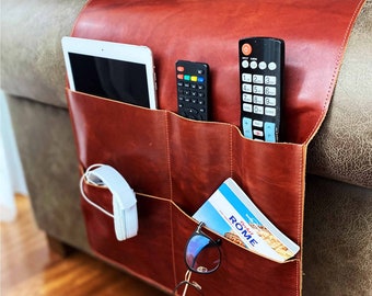 Leather Sofa Armrest Organizer: Personalized Couch Caddy with Remote Pockets