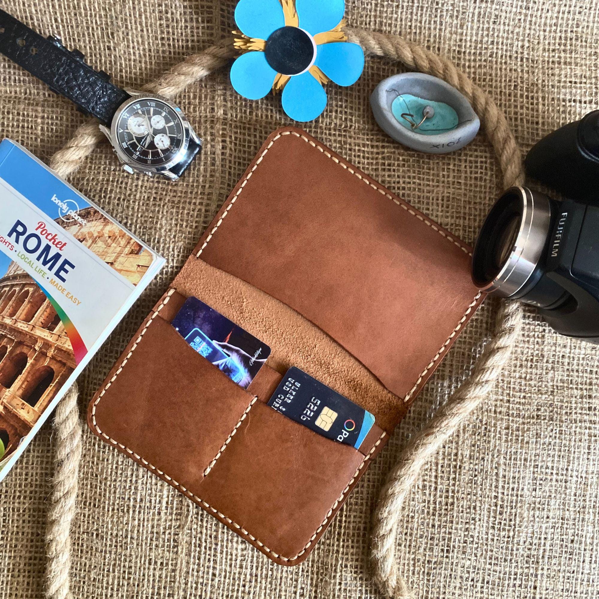 Personalized Leather Passport Cover: Light Tan Travel Wallet, Monogrammed Dad Gift