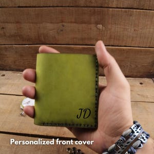 Personalized Green Leather Wallet in Light Green Color, Handstitched Credit Card Holder, Compact Leather Front Pocket Wallet