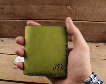 Personalized Light Green Leather Wallet: Handstitched Compact Card Holder