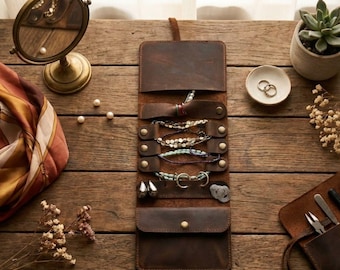 Distressed Brown Leather Jewelry Roll: Travel Organizer with Brass Snaps