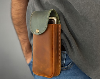 Minimalist Leather Phone Pouch for Travelers - Handcrafted Cowhide Snap Closure, Durable Daily Carry Belt Bag for Men Outdoor Adventures