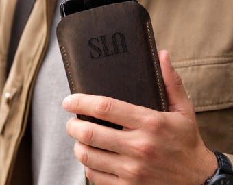 Personalized Leather iPhone Case Custom Protective Phone Pouch Minimalist Sleeve Drop Scratch Protection Cowhide Engraved Case for Dad