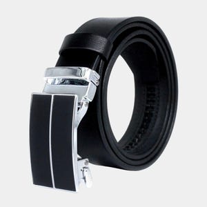 May include: A black leather belt with a silver buckle. The buckle has a black insert with two horizontal lines.