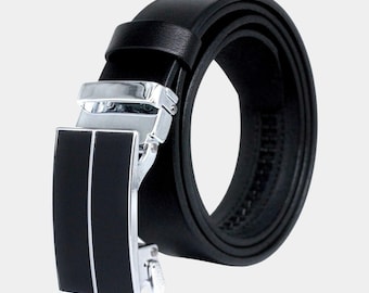 Personalized Leather Slide Belt, No Hole Black Waist Belt, Automatic Buckle