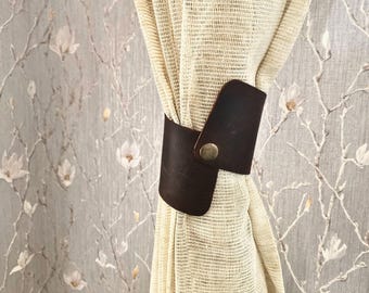 Rustic Leather Curtain Tiebacks (Set of 2): Antique Brass Snap Closure