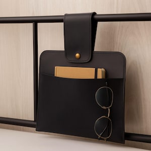 Personalized Leather Bedside Caddy: Nightstand Organizer with Large Pocket