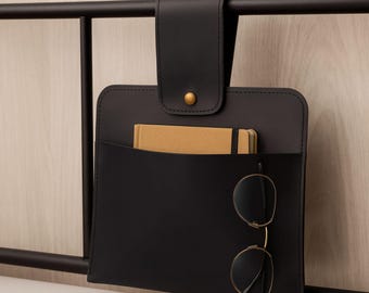 Personalized Leather Bedside Caddy: Nightstand Organizer with Large Pocket