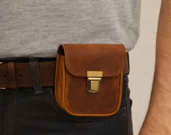 Leather Belt Pouch Small Personalized Custom Engraving EDC Waist Pouch Compact Cowhide Bag for Men Keys Cards Holder Classic
