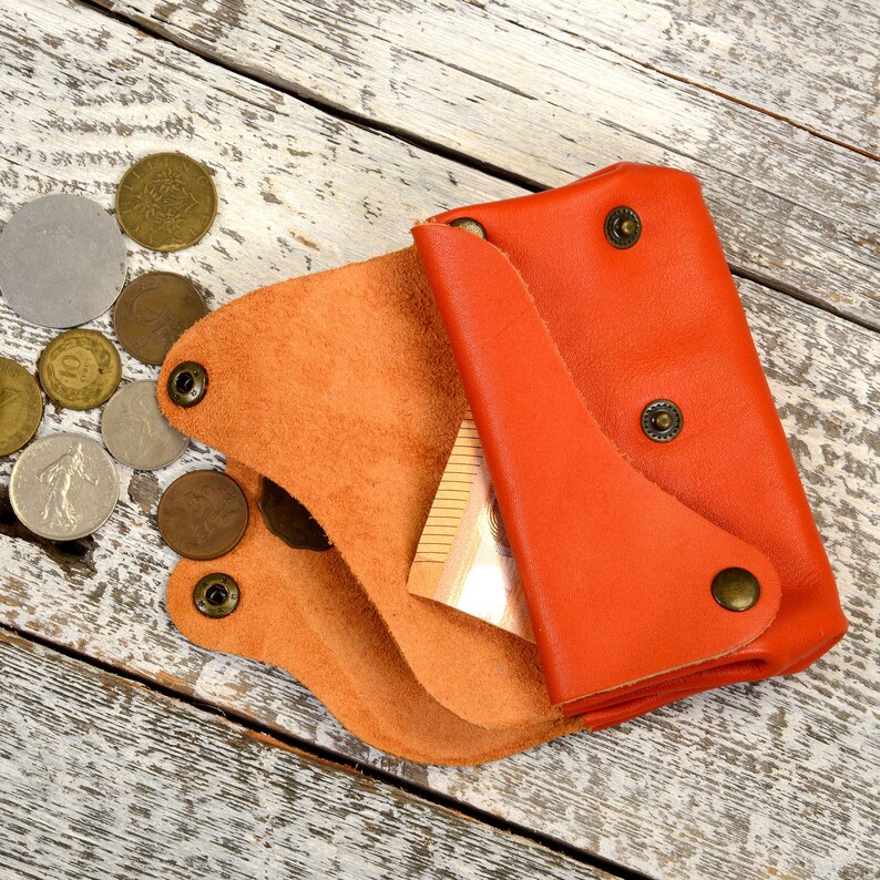 Leather Coin Pouch in Orange Colorpersonalized Handmade Coin Etsy
