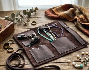 Personalized Leather Jewelry Roll, Travel Organizer, Bridesmaid Gift