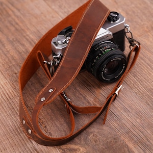 Personalized Russet Brown Leather Camera Strap: Engraved DSLR Neck Strap