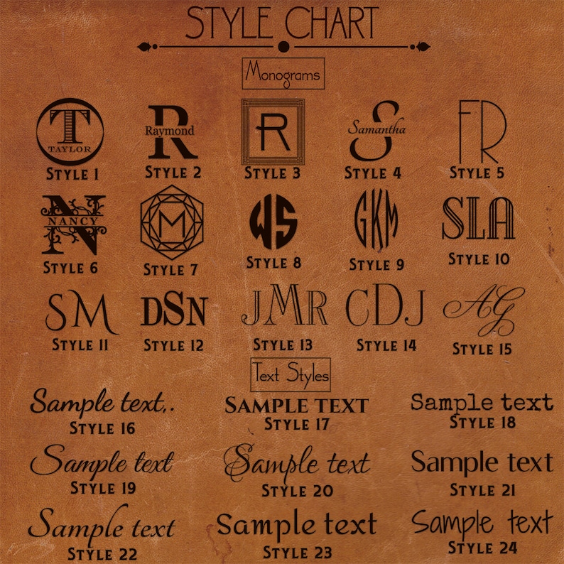 May include: A style chart for leather goods with 24 different monogram and text styles. The chart shows different ways to personalize leather goods with initials, names, and text.
