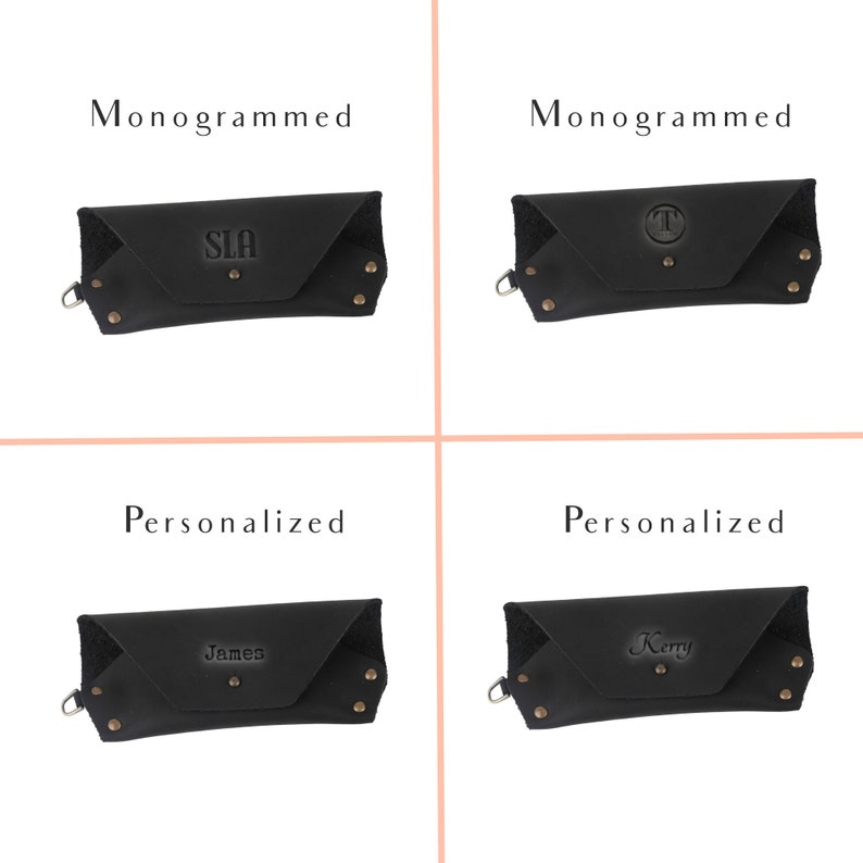 May include: Four black leather cases with different personalization options. The top left case is monogrammed with the letters "SLA". The top right case is monogrammed with the letter "T". The bottom left case is personalized with the name "James". The bottom right case is personalized with the name "Kerry".