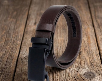 Personalized Dark Brown Leather Slide Belt: Engraved Hidden Message
