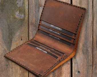 Cartera pequeña de cuero personalizada en color marrón, tarjetero de cuero cosido a mano, billetera compacta plegable con bolsillo frontal