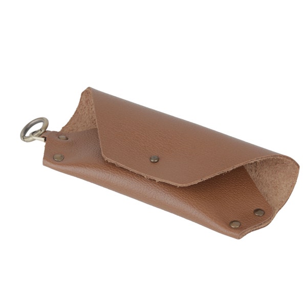 Leather Glasses Case Personalized and Attachable in Camel with Button Stud Closure, Hanging Leather Slim Sunglasses Holder