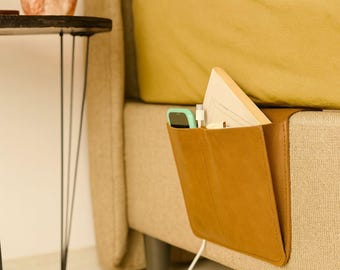 Leather Bedside Caddy Organizer with Compartments and Cable Slots – Bed Pocket Storage