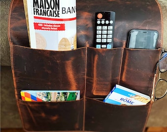 Luxurious Leather Armrest Organizer in Espresso Brown with Custom Monogramming, Remote Control Holder