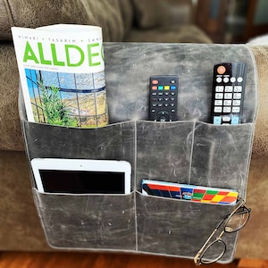 Handcrafted Leather Sofa Organizer in Ash Gray with Engraved Monogram, Magazine Rack, and Remote Caddy