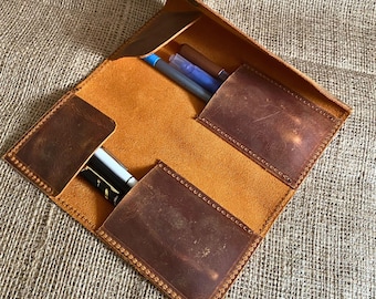Handcrafted Leather Pen Case: Personalized Stationery Holder with Snap Closure