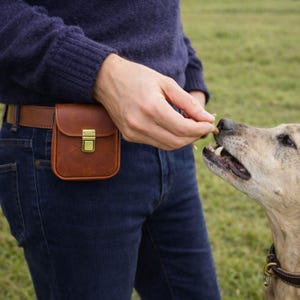 May include: A brown leather dog treat pouch attached to a brown belt. The pouch has a flap closure with a gold-colored buckle. The person is wearing blue jeans and a navy blue sweater. A dog is eating a treat.