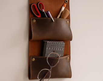 Handmade Cowhide Leather Wall Organizer Mail Holder Entryway Key Rack Hanging Office Storage Pocket
