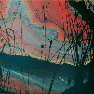 May include: Abstract painting with black brushstrokes and splatters on a red, blue, and yellow background.