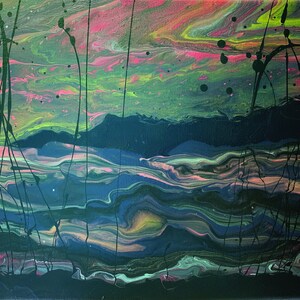 May include: Abstract painting with a swirling, marbled effect in shades of pink, green, and blue. Black lines and splatter paint create a textured, layered effect.