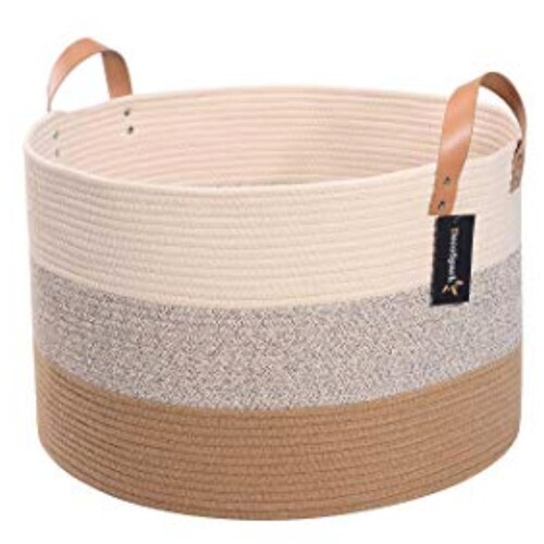 Extra Large Storage Basket XXXL Cotton Rope Basket 21.7" x 13.8" Woven Laundry Blanket Toy Storage Basket Soft Long Handle Decorative Basket