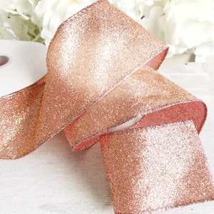 1m Rose Gold Glitter Wired Edge Christmas Ribbon For Bow Making, Christmas Tree Decorations, Wreath Making & Gift Wrapping 63mm Wide