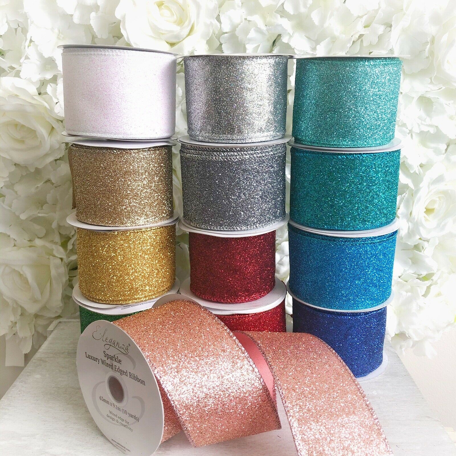 1.5 X 10Yds Wired Satin Frosted Glitter Ribbon White