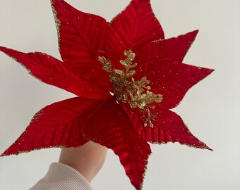 Red Poinsettia Flowers Artificial Christmas Flowers For Wreath Making Floral Decor Red Velvet Flowers 25cm