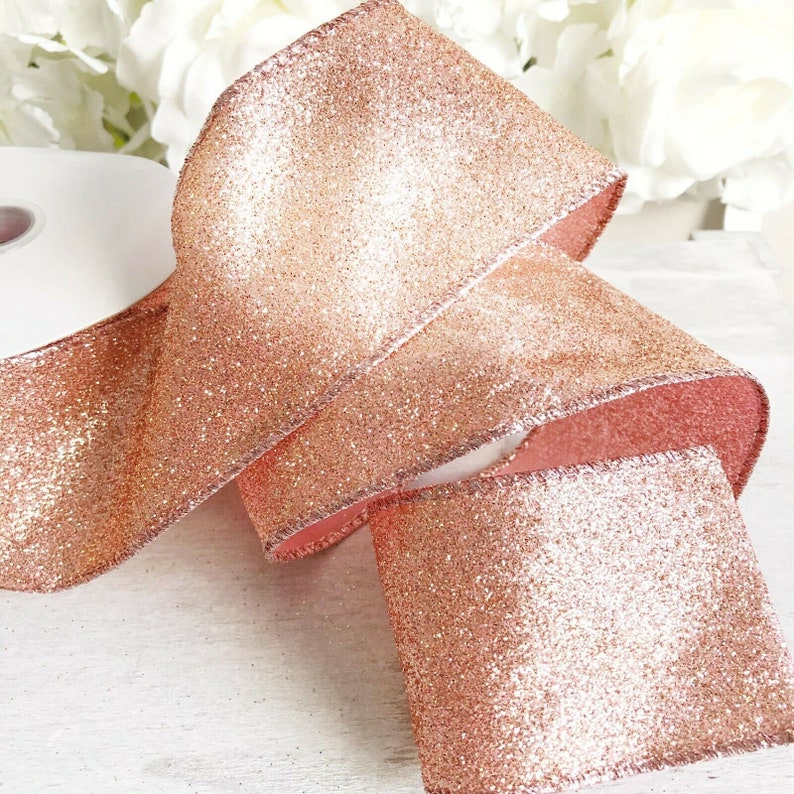 1m Rose Gold Glitter Wired Edge Christmas Ribbon For Bow Making, Christmas Tree Decorations, Wreath Making & Gift Wrapping 63mm Wide image 1