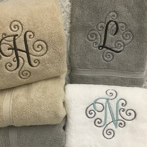 Custom Embroidered Monogrammed Hand towels in Gray, White or Tan -  Fancy Scroll